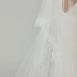 R327V - Butterfly Cathedral Length Veil With Ivy Lace Edge -Bridal Shop 06 Accessory R327 Sheertulle Lace butterfly Cathedrallength Veil CloseUp2 scaled