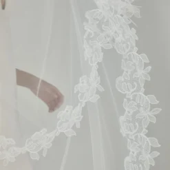 R327V - Butterfly Cathedral Length Veil With Ivy Lace Edge -Bridal Shop 08 Accessory R327 Sheertulle Lace butterfly Cathedrallength Veil CloseUp4 scaled