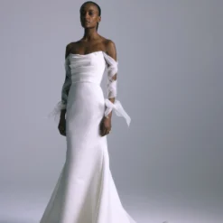 Boston -Bridal Shop AMSALE Bridal BOSTON A881 ItalianDoubleFaceDuchess DrapedBodice Picot edged SilkOrganza Corset Off The Shoulder Bows Fit to flareGown Side scaled