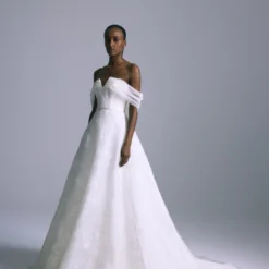 Cressida -Bridal Shop AMSALE Bridal CRESSIDA A882 SilkOrganza FloralPrint Off The Shoulder SoftTulle Corset A lineGown Side scaled