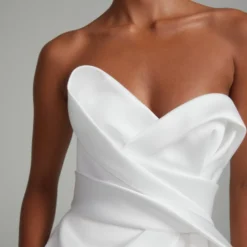 Marley -Bridal Shop Amsale Bridal MARLEY A847 DuchessSatin Strapless WrapDress WrapSkirt Architectural Bias Bodice High LowGown Mood1 scaled