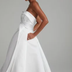 Marley -Bridal Shop Amsale Bridal MARLEY A847 DuchessSatin Strapless WrapDress WrapSkirt Architectural Bias Bodice High LowGown Mood7 scaled