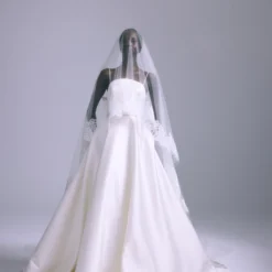 A871V - Veil -Bridal Shop Amsale Bridal RINVEIL A871V Satin ArchedNeckline BallGown LowBack Front scaled