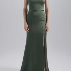 Marisa -Bridal Shop Amsale Bridesmaids MARISA GB130S FluidSatin Strapless BandDetail Fit to Flare Slit Front1 scaled