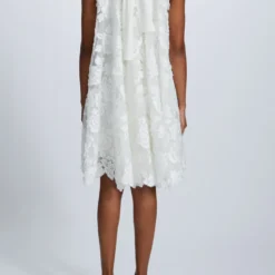 Guipure Lace Trapeze Dress -Bridal Shop Amsale LittleWhiteDress LW244 GuipureLace Halter TrapezeDress SelfTieBowDetail Back scaled