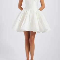 Taffeta Drop-Waist Dress -Bridal Shop Amsale LittleWhiteDress LW256 Taffeta Ruched Drop waist Corset ArchedSeam Front2 scaled