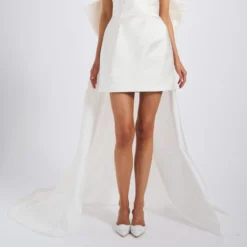 Duchess Satin Mini Dress With Taffeta Train