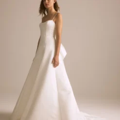 Adelina -Bridal Shop NouvelleAmsale Bridal ADELINA R445S DuchessSatin SpaghettiStrap CorsetBodice SheerBack 3DFlower EmbellishedBack OversizedBowDetail A LineGown Side scaled