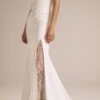 Blanca -Bridal Shop NouvelleAmsale Bridal BLANCA R397P ScubaCrepe DrapedCamisoleBodice SheerChantillyLaceUnderlay Slit Fit to FlareGown Mood4