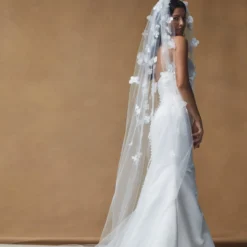 R390V - 3D Petal Veil -Bridal Shop NouvelleAmsale Bridal GRETA R395S DuchessSatin Strapless RuchedBodice Fit to Flaregown Side2 00a713a6 421c 47b0 84d4 daa30525f546 scaled