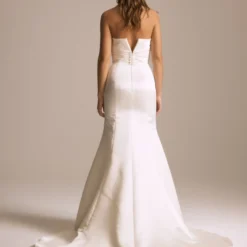 Indigo -Bridal Shop NouvelleAmsale Bridal INDIGO R467S DuchessSatin PlungeV neck Draped Strapless Fit to FlareGown Back scaled