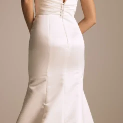 Indigo -Bridal Shop NouvelleAmsale Bridal INDIGO R467S DuchessSatin PlungeV neck Draped Strapless Fit to FlareGown Mood1 scaled