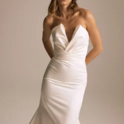 Indigo -Bridal Shop NouvelleAmsale Bridal INDIGO R467S DuchessSatin PlungeV neck Draped Strapless Fit to FlareGown Mood6 scaled