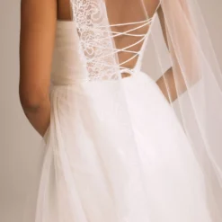 Bridal Shop -Bridal Shop NouvelleAmsale Bridal SAFFRON R452U RuchedTulle SequinFlowerUnderlay A LineGown LacingBackDetail Mood9 scaled