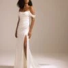 Syd -Bridal Shop NouvelleAmsale Bridal SYD R453FS FluidSatin Off The Shoulder Fit To FlareGown DrapedSkirt Slit Side